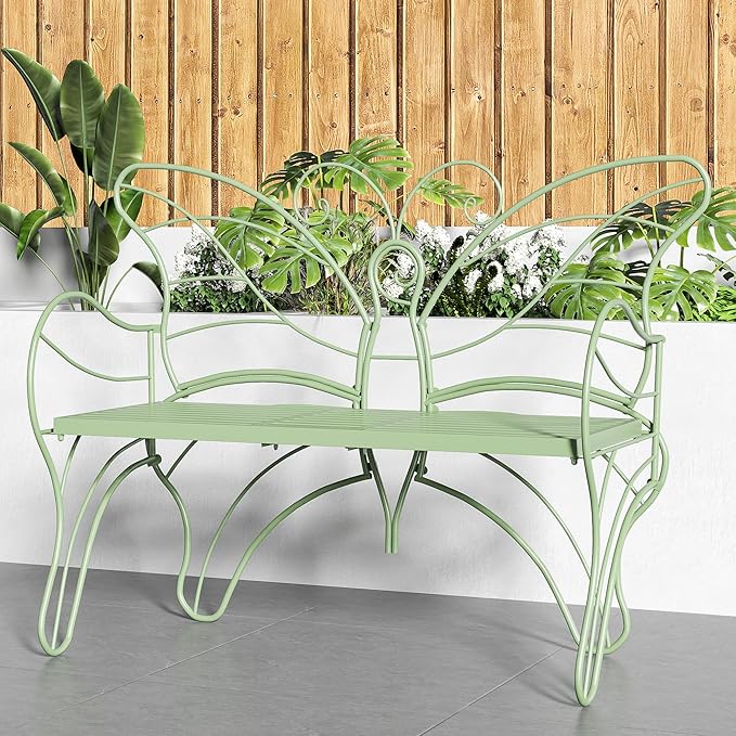 Outdoor Bench Patio Outdoor Garden Bench with Built-in Table, Butterfly Bench for Outside, 3 People Outdoor Bench Garden Bench Front Porch Furniture (Green, 49.2inch)