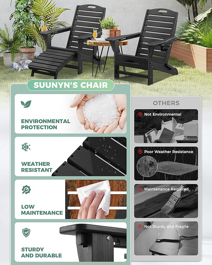 Folding Adirondack Chair with Retractable Ottoman Weather Resistant Fire Pit Chair Patio Chair with 2 Cup Holder Lawn Outdoor Lounge Chair (Black)