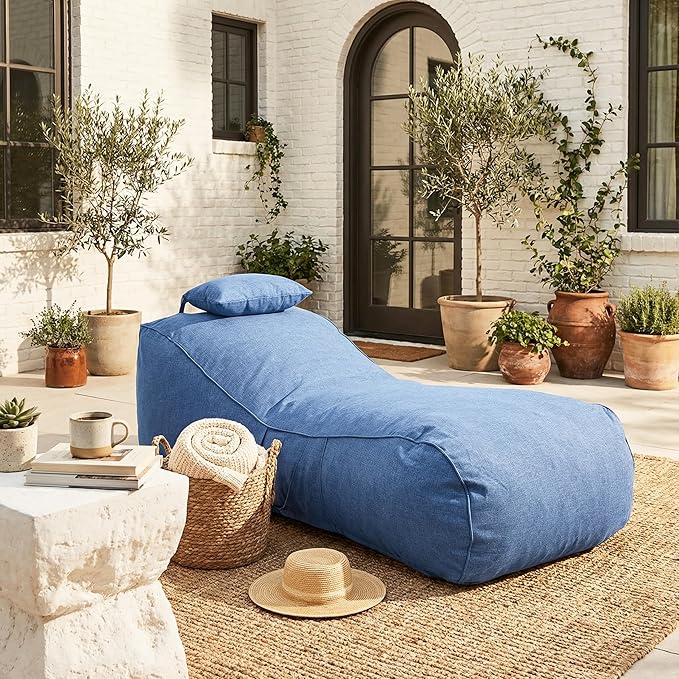 Christopher Knight Home Morton Outdoor Bean Bag Chair, Fabric Bean Bag Chair for Adults and Kids, Indoor/Outdoor Sun Lounger with Headrest, Patio Chaise Lounge Chair, Navy Blue