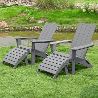 Folding Adirondack Chair with Ottoman Weather Resistant Foldable Fire Pit Chairs with Footrest HDPE Outdoor Adirondack Chair for Patio Front Porch Pool Garden Deck Fire Pit Outside,Gray