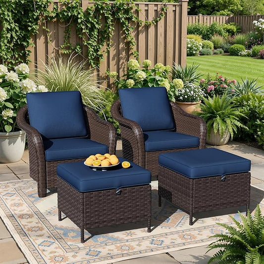 4 Piece Patio Wicker Conversation Set, 2 All-Weather Use Outdoor Wicker Chairs with 2 PE Rattan Ottomans,Ideal for Porch, Backyard, Balcony, Poolside, Blue