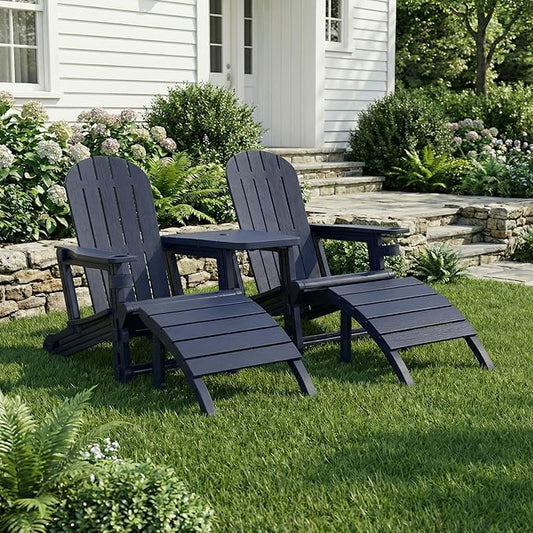 Shintenchi Adirondack Chair Set of 2,HDPE Adirondack Chairs with Umbrella Hole Connecting Tray & 2 Curved Ottoman,Plastic Outdoor Chairs with Cup Holders for Garden Backyard Pool,Dark Blue