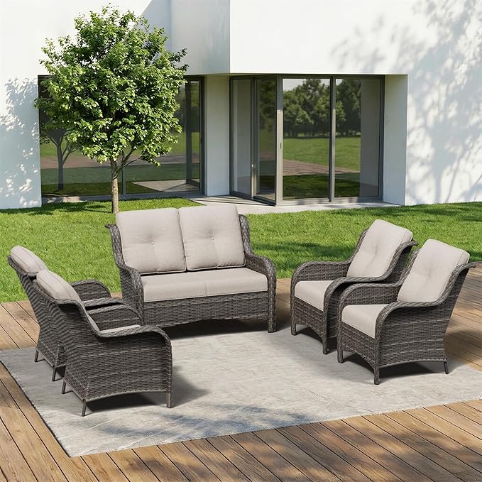 5 Piece Outdoor Wicker Patio Furniture Set, Patio Chairs Set with Thickened Olefin Cushions, High Back and Deep Seating - Photo 1