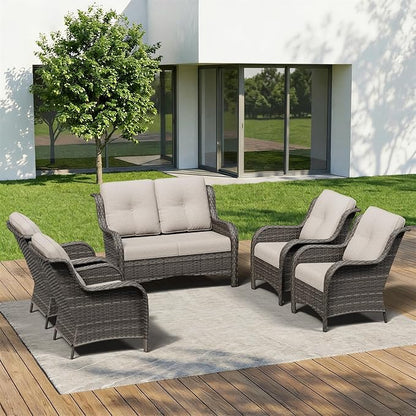5 Piece Outdoor Wicker Patio Furniture Set, Patio Chairs Set with Thickened Olefin Cushions, High Back and Deep Seating, Hand-Woven PE Rattan for Porch, Deck