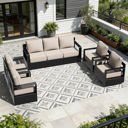 Outdoor Aluminum Furniture Set, 5-Piece Patio Conversation Set, 2 Swivel Chairs, 2 Chairs and 1 Sofa, All-Weather Metal Frame, 6" Thick Removable Cushions, Deep Setting for Garden and Porch