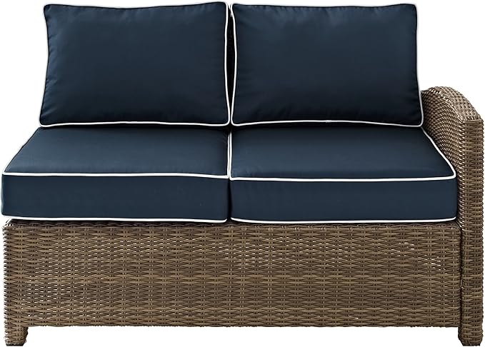Crosley Furniture Bradenton Outdoor Sectional Right Side Loveseat, 2-Person Wicker Patio Couch for Deck, Brown with Navy Cushions