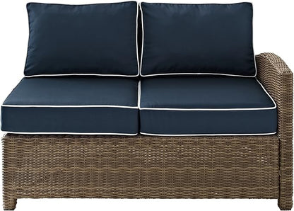 Crosley Furniture Bradenton Outdoor Sectional Right Side Loveseat, 2-Person Wicker Patio Couch for Deck, Brown with Navy Cushions