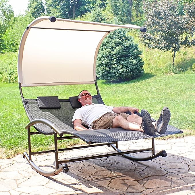 Sunnydaze Outdoor Double Chaise Rocking Lounge Chair with Canopy and Headrest Pillows - Black and White with Powder-Coated Frame