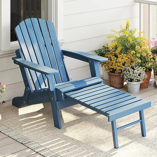 Oversized Outdoor Wooden Folding Adirondack Chair with Retractable Ottoman, Wood Patio Chair with Footrest for Garden Backyard Porch Pool Deck Firepit