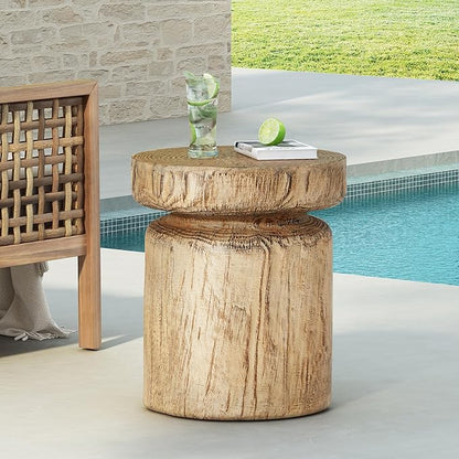 Christopher Knight Home Pawn 17" H MGO Outdoor Side Table with Tree-Stump Design, Patio Decorative Wood-Like Texture End Table, Round Top Lightweight Concrete Garden Stool, No Assembly, Natural