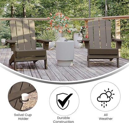 Flash Furniture Newport Adirondack Chairs with Cup Holders, Weather Resistant Poly Resin Adirondack Chairs, Set of 2, Brown