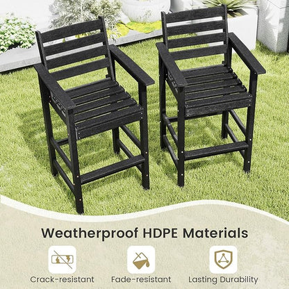 Giantex 29” Bar Stools Set of 4, HDPE Barstools w/Back, Armrests & Footrests, Max Load 330Lbs, Counter Height Bar Stools, Adirondack Chair for Patio Balcony Outdoor Bistro Set, Black