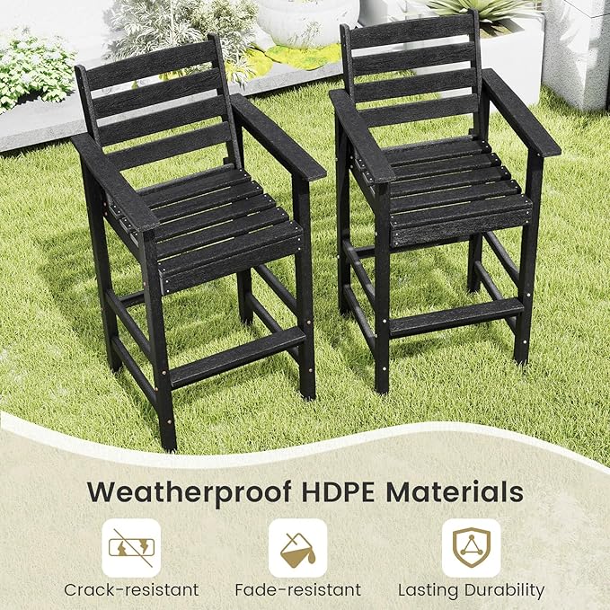 Giantex 29” Bar Stools Set of 2, HDPE Barstools w/Back, Armrests & Footrests, Max Load 330Lbs, Counter Height Bar Stools, Adirondack Chair for Patio Balcony Outdoor Bistro Set, Black