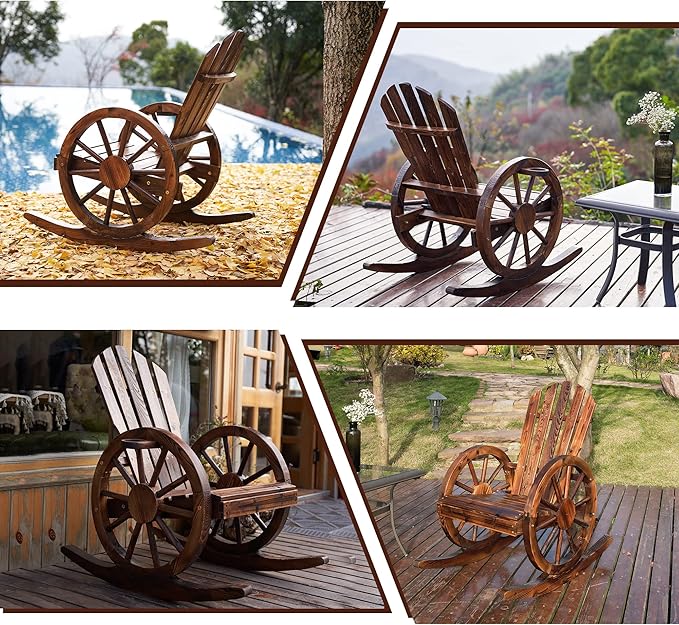 Spurgehom Outdoor Wood Rocking Chair, Patio Decor Yard Glider Rocking Chairs with Slatted Design, Adirondack Rocking Chair for Porch Lawn Garden Balcony Poolside, Brown