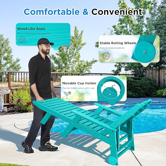 nalone Outdoor Chaise Lounge Chair Set of 2 with Wheels & Cup Holder, HDPE Pool Lounge Chairs with 5-Position Adjustable Backrest Supports Up to 400 LBS for Patio Poolside Deck Beach Backyard (Aruba)