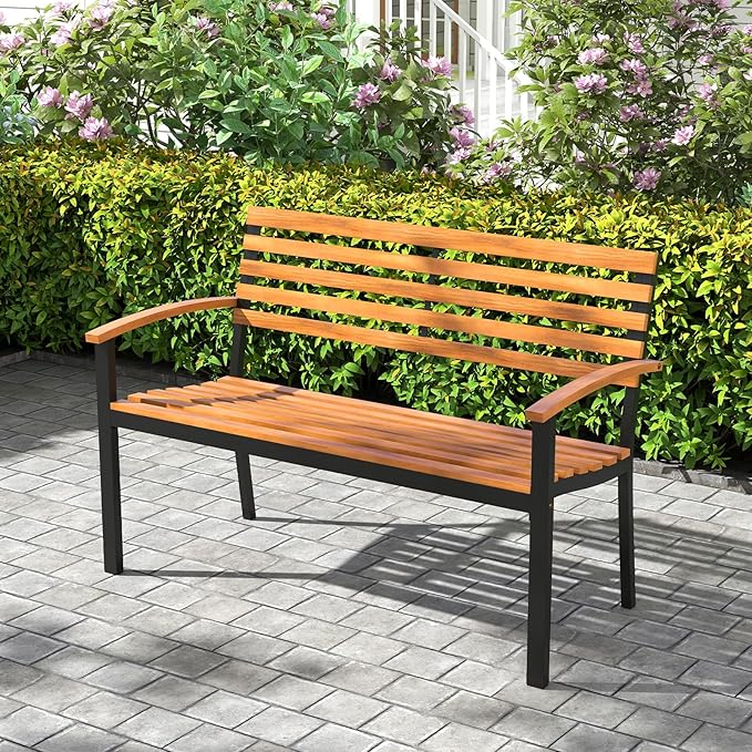Tangkula 43" Outdoor Garden Bench, 2-Person Acacia Wood Bench with Heavy-Duty Metal Frame - Photo 4