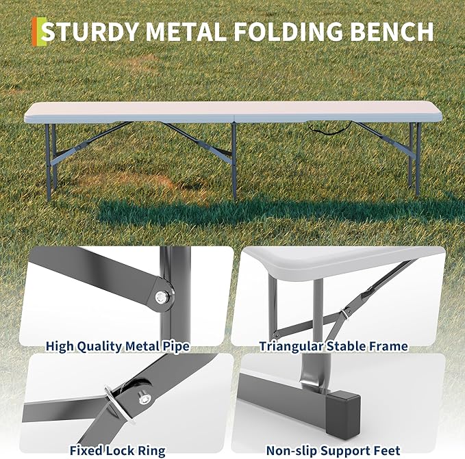 6FT Folding Bench – Plastic Portable Indoor Outdoor Bench Garden Bench with Carrying Handle and Lock – Perfect for Events, Camping, Picnics, Parties, Dining, 1 Pack White