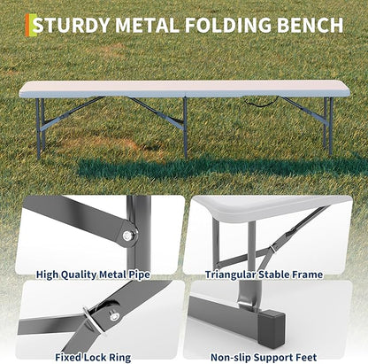 6FT Folding Bench – 2 Pack Plastic Portable Indoor Outdoor Bench Garden Bench with Carrying Handle and Lock – Perfect for Events, Camping, Picnics, Parties, Dining, White