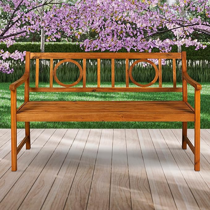 Eyely HNB104A Giana 51.2" 3-Seat Circle-Back 600-Lbs Support Acacia Wood Outdoor Garden Patio Bench for Garden, Lawn, Backyard, Pool, Deck, Beach, Firepit, Teak