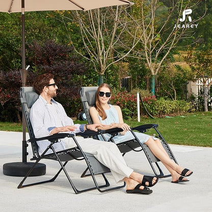 JEAREY Oversized Padded Zero Gravity Chairs Set of 2, Folding Lounge Chair Outdoor Patio Recliner, Anti Gravity Chair for Backyard - Gray/Light Gray
