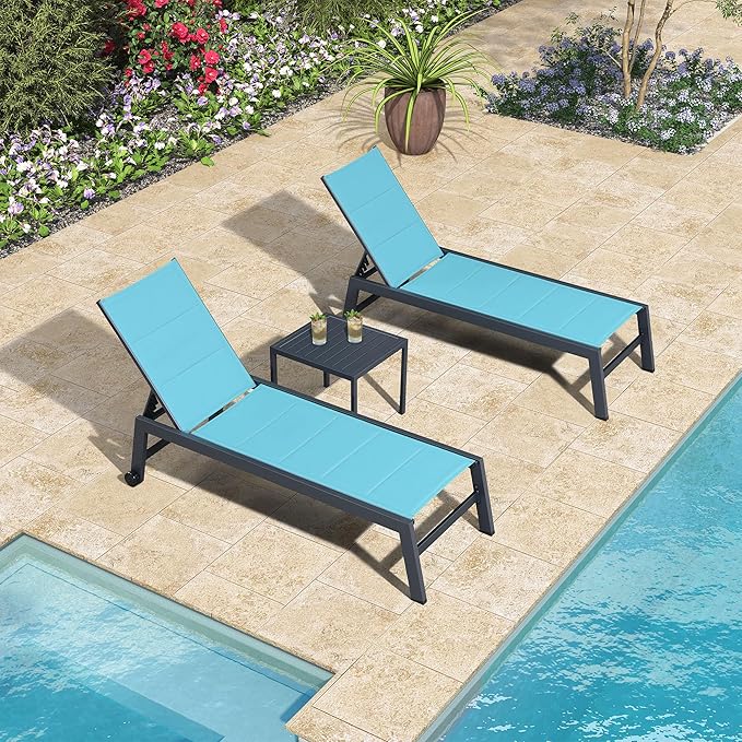 PURPLE LEAF Outdoor Chaise Lounge Set of 2 Aluminum Patio Lounge Chair with Wheels and Side Table Pool Chaise Lounge Chair for Outdoor Backyard Poolside Turquoise Blue