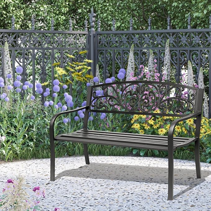 50" Outdoor Bench, Metal Garden Bench with Floral Pattern Backrest, Porch Bench with Slatted Seat for Park, Yard, Lawn, Black
