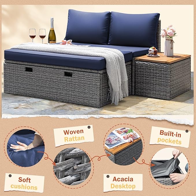 Greesum Patio Furniture Set Multifunctional Outdoor Sectional Sofa Rattan Chaise Lounge Wicker Daybed with Couch - Photo 6