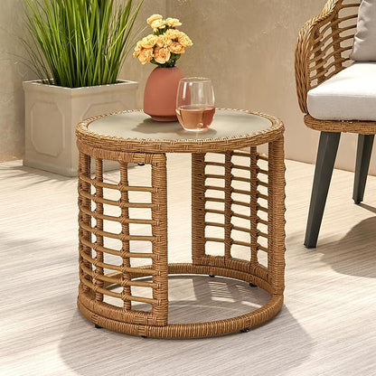 F-Light Rattan Side Tables, Outdoor Round Rattan Coffee Table with Tempered Glass Top for Porch Bistro Set, Brown