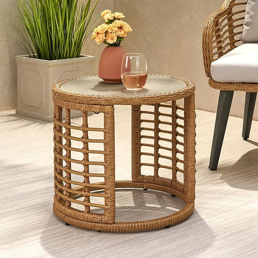 F-Light Rattan Side Tables, Outdoor Round Rattan Coffee Table with Tempered Glass Top for Porch Bistro Set, Brown