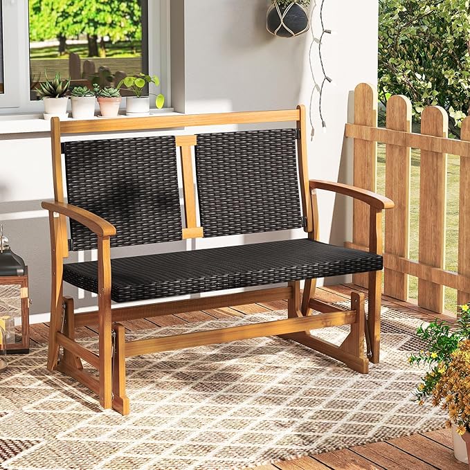 Tangkula Patio Rattan Glider Bench, Swing Gliding Rocker w/Acacia Wood Frame & Wicker Seat Back, Outdoor Rocking Armchair w/Curved Armrests for Porch, Backyard, Poolside (2 Seat)