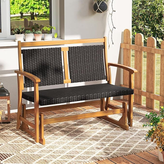 Tangkula Patio Rattan Glider Bench, Swing Gliding Rocker w/Acacia Wood Frame & Wicker Seat Back, Outdoor Rocking Armchair w/Curved Armrests for Porch, Backyard, Poolside (2 Seat)