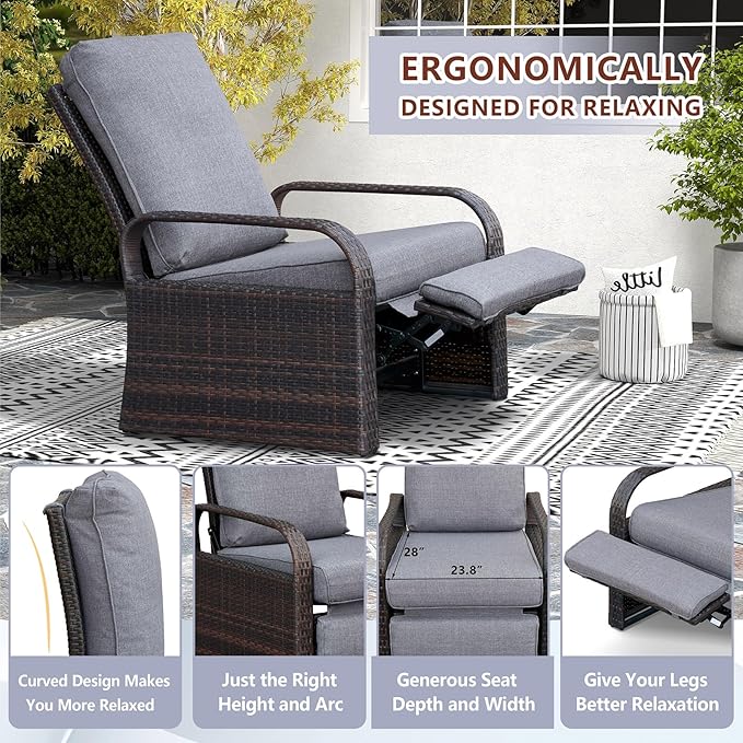 ATR ART TO REAL Outdoor Recliner, Set of 2 Wicker Reclining Chair with Coffee End Side Table, Aluminum Frame Patio Chaise Lounge Chairs with Thicken Cushions (Linen Gray)