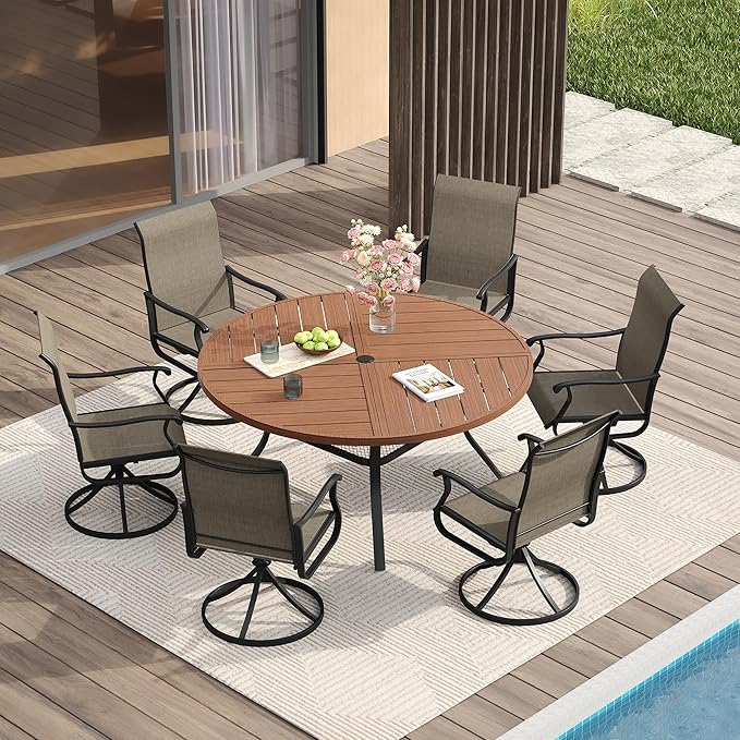 VICLLAX Round Patio Table with Adjustable Umbrella Hole for 6, All Weather Metal Outdoor Dining Table for Lawn Garden - Photo 2
