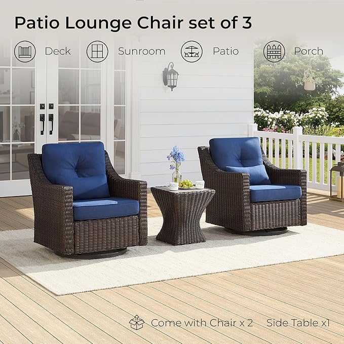 CHITA 3 Pieces Wicker Patio Bistro Set, Outdoor Furniture Set with 2 Pieces Rattan Rocking Swivel Chairs - Photo 9