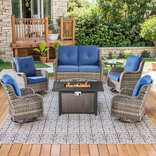 Patio Loveseat Glider Set, Resin Wicker Loveseat Glider with 4 Swivel Patio Chiars Rectangular Firepit Table, 7 Piece Patio Conversation Loveseat Set, Grey Wicker|Blue Cushions