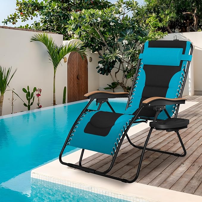Sophia & William Oversized XXL Zero Gravity Chair Set of 2 Padded Adjustable Folding Reclining Lounge Chair Outdoor Gravity Chair with Wide Armrest and Cup Holder, Support 400 LBS, Aqua