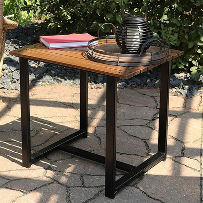 Sunnydaze European Chestnut Wooden Adirondack Side Table - Square Outdoor End Table for Patio with Steel Frame - 20-Inch - Brown