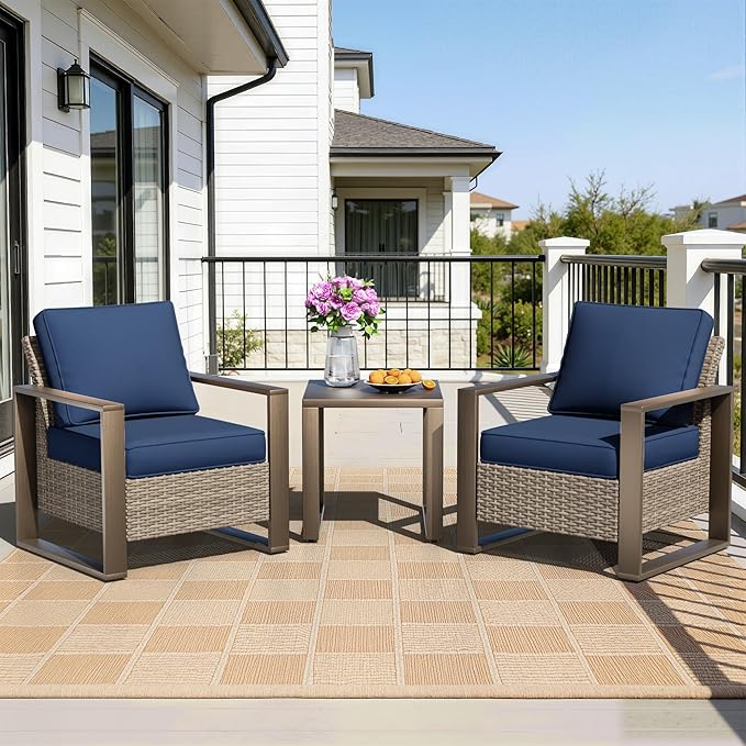 Outdoor Wicker Metal Chairs Set of 2 with Matching Side Table - 3 Pieces Patio Bistro Set with Removable Olefin Fabric - Photo 9