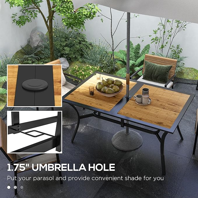 Outsunny Rectangle Outdoor Dining Table for 6 People, Faux Wood Rectangular Patio Table with Umbrella Hole, Steel Frame for Garden, Balcony, Brown