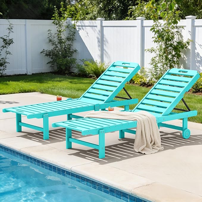 SERWALL Outdoor Chaise Lounge Set of 2, All-Weather HDPE Pool Lounge Chairs with 5-Position Adjustable Backrest - Photo 2