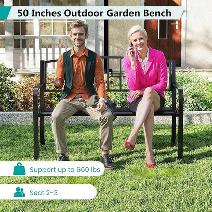 Tangkula Metal Outdoor Park Bench, 50 Inches Patio Garden Bench with Slatted Backrest and Curved Armrests, 2-3-Person Patio Bench, Outdoor Metal Loveseat Chair for Porch, Lawn, Yard and Park
