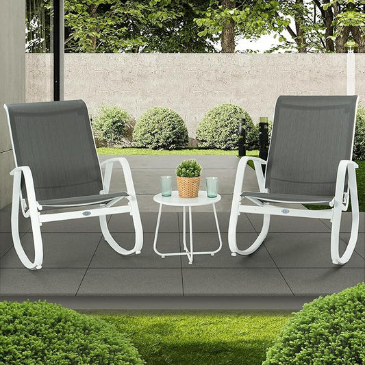Kozyard Outdoor Patio Rocking Sling Chair, Powder Coated Aluminum Frame, Weather Resistant and Breathable Mesh Fabric for Patio, Porch, Yard, Garden (Grey, 2Chairs + Table)