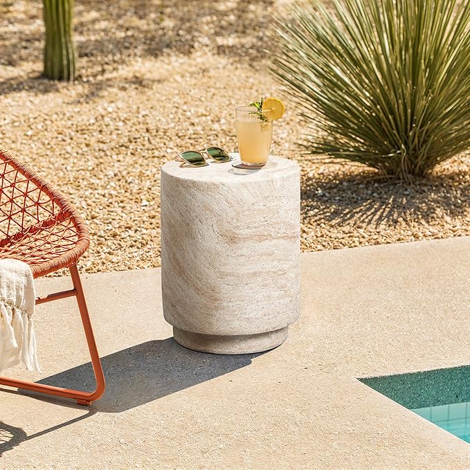 LuxenHome Outdoor Side Table, 18'' Travertine-Style Round Textured Cement Accent End Table, Outdoor Furniture for Patio Balcony Porch, Garden Stool for Backyard Lawn