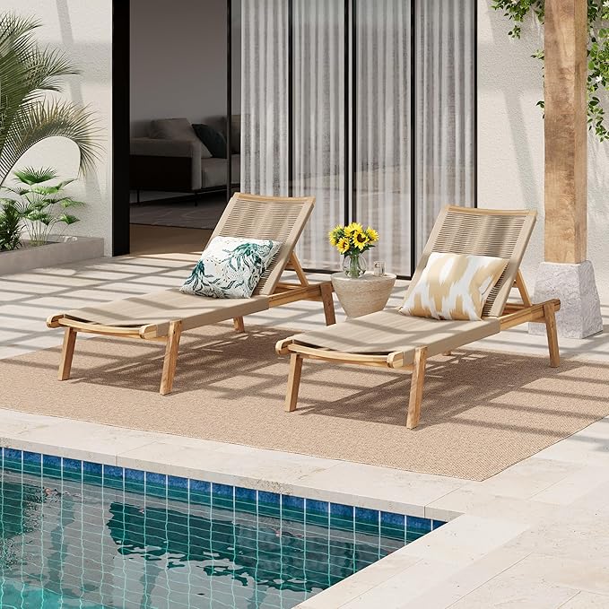 Christopher Knight Home Set of 2 Outdoor Patio Wood Adjustable Chaise Lounges with Rope Seating - Photo 1