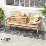 Tangkula Outdoor Fir Wood Bench with Foldable Middle Table, 2-3 Person Garden Bench with Backrest and Armrests - Photo 4