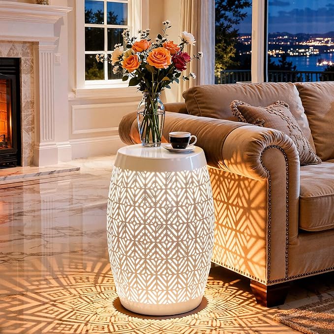 18" Cutout Metal Outdoor Side Table with 3-Mode LED Lights, Modern Decorative Drum End Table - Photo 5