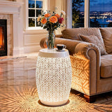 18" Cutout Metal Outdoor Side Table with 3-Mode LED Lights, Modern Decorative Drum End Table - Photo 5