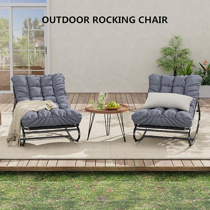 GarveeLife Outdoor Rocking Chair, Outdoor Lounge Chairs with Thick Waterproof Cushion, 300lbs Heavy Duty Metal Patio Rocking Chair for Garden, Porch, Nursery, Silla Mecedora para Adulto-Grey