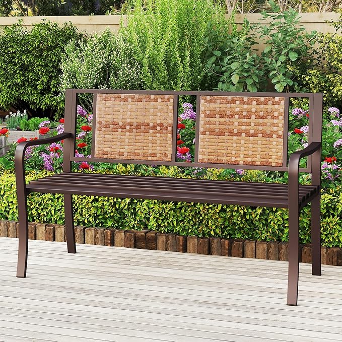 Tangkula 51” Metal Outdoor Park Bench, Patio Garden Bench with Rattan Backrest & Curved Armrests, Heavy-Duty Outside Loveseat for 2-3, Heavy-Duty Outdoor Seating for Backyard, Lawn, Porch