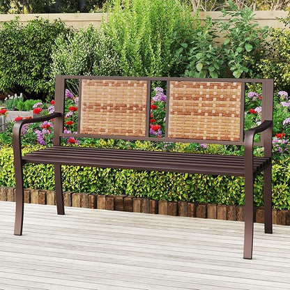 Tangkula 51” Metal Outdoor Park Bench, Patio Garden Bench with Rattan Backrest & Curved Armrests, Heavy-Duty Outside Loveseat for 2-3, Heavy-Duty Outdoor Seating for Backyard, Lawn, Porch